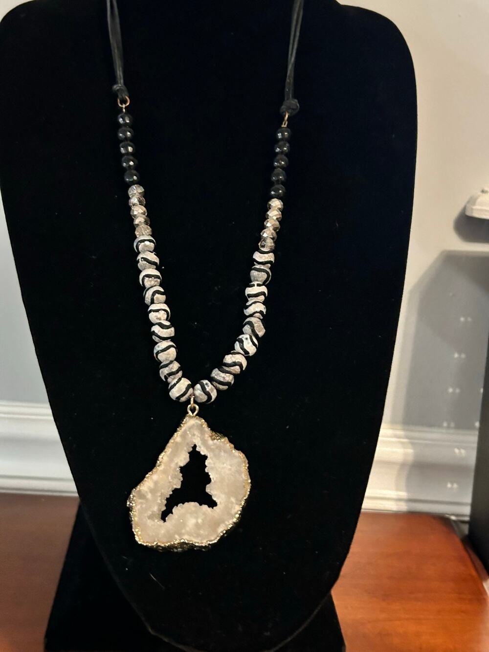 Boho Sparkle White Druzy Quartz Leather Cord Necklace 32 Long Beaded Statement